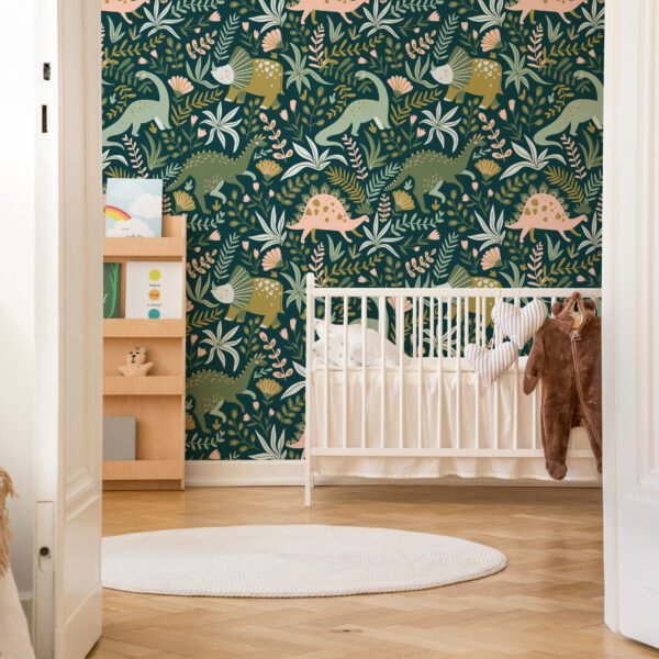 Stylish bedroom interior with open door to scandinavian nursery with white crib, poster on the wall and carpet on the floor, real photo