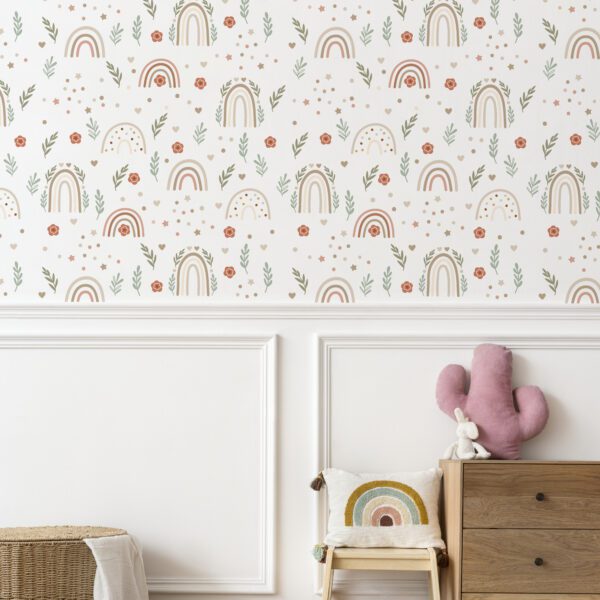 Scandinavian kids play room with wooden furniture