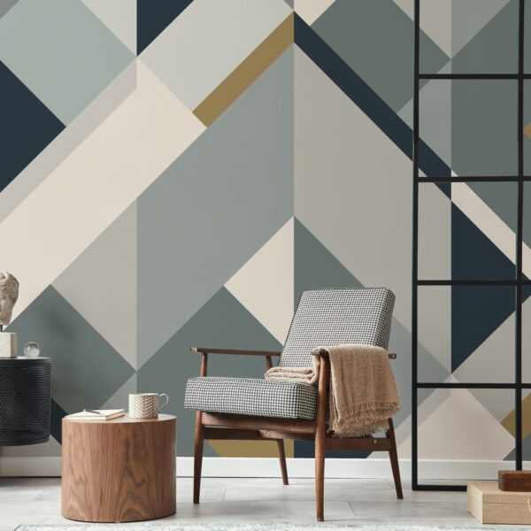 Stylish scandinavian composition of living room with design armchair, black mock up poster frame, commode, wooden stool, book, decoration, loft wall and personal accessories in modern home decor.