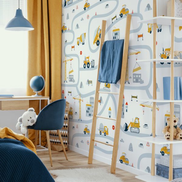 Contemporary bedroom and workspace teenager room with orange curtains