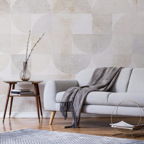 Stylish scandi interior of home space with design grey sofa and retro small table. Living room with design accessories and mock up poster frame. Elegant decor. Brown wooden parquet with modern carpet.; Shutterstock ID 1347125306; Purchase Order: -