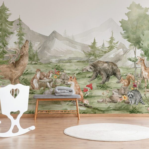 Yellow accents in white and gray bedroom for a baby with round rug and white cradle