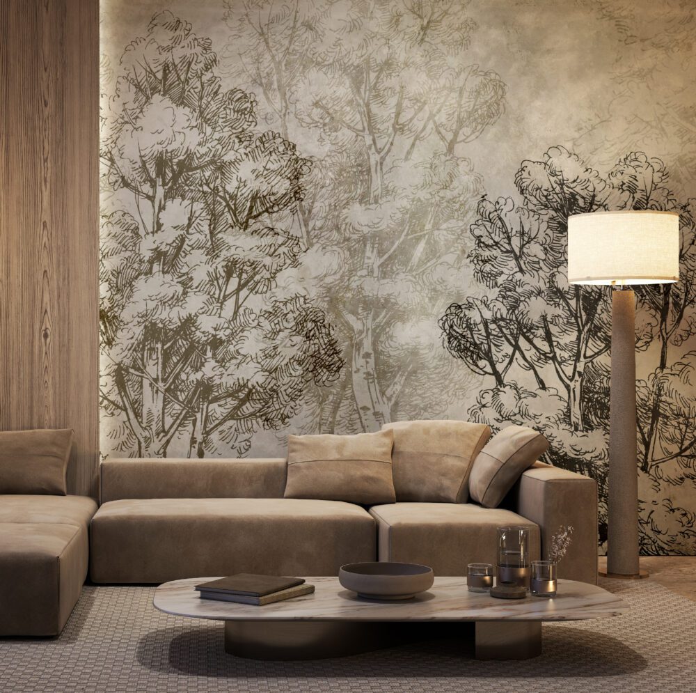 Contemporary,Interior,With,Sofa,,Floor,Lamp,And,Decor.,3d,Render Stara šuma