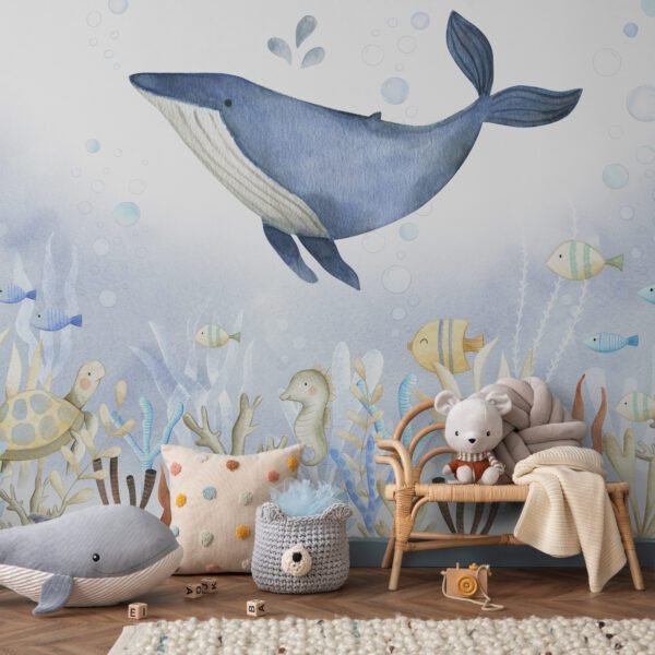 Warm and cozy living room interior with blue wall, rattan sideboard, stylish armchair, plush whale, mouse, toys, guitar, ornament on wall, braided rug and personal accessories. Home decor. Template.; Shutterstock ID 2396934527; purchase_order: -; job: -; client: -; other: -